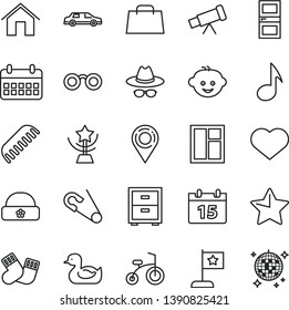 thin line vector icon set - heart symbol vector, hat with glasses, bedside table, open pin, rubber duck, comb, warm socks, children's hairdo, child bicycle, window, interroom door, home, calendar