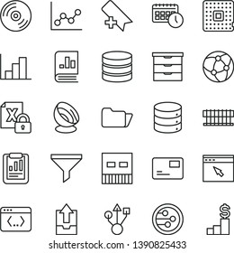 thin line vector icon set - add bookmark vector, graph, negative histogram, upload archive data, storage unit, CD, big, pass card, processor, filter, statistical report, book on statistics, agenda