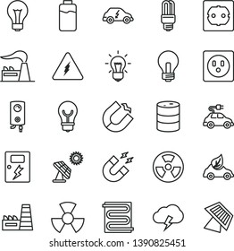 thin line vector icon set - matte light bulb vector, incandescent lamp, power socket type f, dangers, heating coil, boiler, storm cloud, charge level, big solar panel, factory, barrel, thermal plant