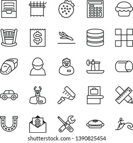 thin line vector icon set - archive vector, cradle, motor vehicle, small tools, paint roller, writing accessories, tile, cake, pie, sushi, strawberries, oil derrick, racer, cloth industry, pipe