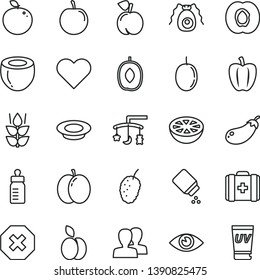 thin line vector icon set - mark of injury vector, women, toys over the cradle, feeding bottle, baby powder, medical bag, heart, eye, a plate milk, apple, mint, peach, half apricot, tasty mulberry