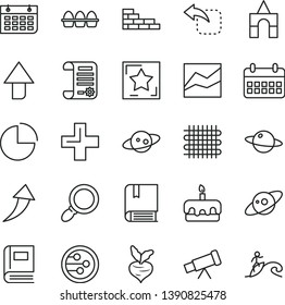 thin line vector icon set - upward direction vector, plus, pie chart, line, box of bricks, e, brick wall, planet, move left, bundle eggs, torte, beet, weaving, research article, calendar, network