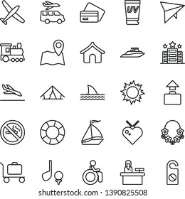 thin line vector icon set - plane vector, train, sail boat, hang glider, baggage, arrival, credit card, boungalow, tent, sun, uv cream, hawaii wreath, hotel, disabled, transfer, map, receptionist