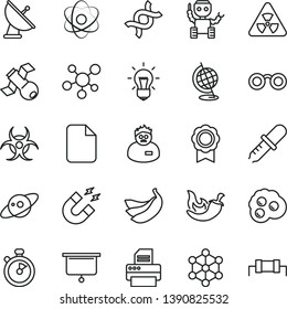 thin line vector icon set - chili vector, omelette, bananas, printer, file, molecule, atom, glasses, nuclear, dna, bulb, satellite, biohazard, pipette, globe, magnet, scientist, medal, robot, saturn