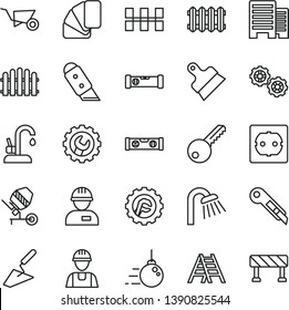 thin line vector icon set - builder vector, workman, big core, gears, building trolley, trowel, concrete mixer, sample of colour, ladder, shower, power socket type f, key, construction level, gear