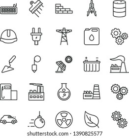 thin line vector icon set - brick wall vector, big core, building trowel, construction helmet, plummet, spatula, solar panel, leaf, modern gas station, round flask, factory, barrel, battery, gears