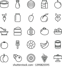 thin line vector icon set - plates and spoons vector, package, canned goods, tin, piece of cake, lettuce in a plate, tomato, popsicle, blueberries, ripe peach, apple, large grape, rose hip, plum