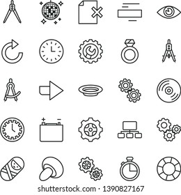 thin line vector icon set - clock face vector, right direction, minus, clockwise, tumbler, gear, eye, timer, CD, delete page, porcini, plate, accumulator, gears, Measuring compasses, scheme