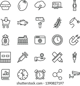 thin line vector icon set - paint roller vector, clock face, alarm, writing accessories, storm cloud, put in cart, cake, fish, bottle of soda, coconut, hydroelectricity, gas welding, connection, usb