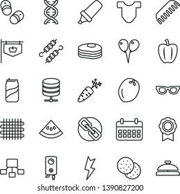 thin line vector icon set - spectacles vector, Child T shirt, comb, colored air balloons, shoes, lightning, boiler, big data server, meat on skewers, soda can, biscuit, pancakes, coconut, carrot