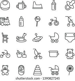 thin line vector icon set - dummy vector, mug for feeding, bottle, measuring, diaper, baby bib, stroller, carriage, summer, sitting, stacking rings, roly poly doll, toy sand set, children's potty