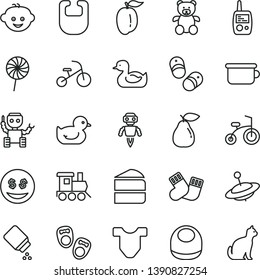 thin line vector icon set - baby powder vector, bib, Child T shirt, rubber duck, duckling, warm socks, toy mobile phone, children's potty, teddy bear, hairdo, train, yule, bicycle, tricycle, pear