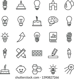 thin line vector icon set - matte light bulb vector, children's hairdo, box of bricks, cake, birthday, brickwork, saving, writing accessories, drawing, honeycombs, drop, energy, book on statistics