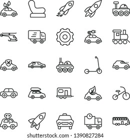 thin line vector icon set - truck lorry vector, Baby chair, motor vehicle, present, toy train, tricycle, child Kick scooter, car, delivery, eco, environmentally friendly transport, electric, retro