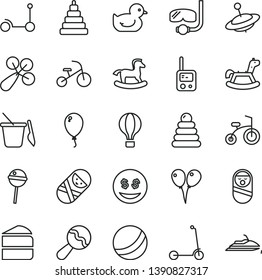 thin line vector icon set - beanbag vector, baby rattle, duckling, bath ball, stacking rings, toy, roly poly doll, tumbler, phone, children's sand set, yule, rocking horse, small, balloon, tricycle