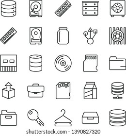thin line vector icon set - folder vector, chest of drawers, key, CD, big data, server, suitcase, drawer, strongbox, package, hanger, unpacking, barrel, jar, radiator fan, memory, hdd, usb, sd card