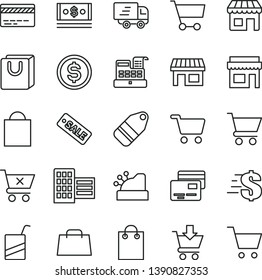 thin line vector icon set - paper bag vector, bank card, dollar, e, city block, cart, put in, crossed, with handles, cards, label, kiosk, stall, shopping, cash, hand, Express delivery, machine