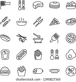 thin line vector icon set - plates and spoons vector, plastic fork, iron, sausage, cheese, pizza, piece of, Hot Dog, mini, burger, spaghetti, noodles, porridge, lettuce in a plate, bacon, barbecue