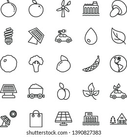 thin line vector icon set - saving light bulb vector, drop, porcini, cabbage, apple, tangerine, yellow lemon, delicious, peas, broccoli, solar panel, big, leaves, leaf, wind energy, planet Earth