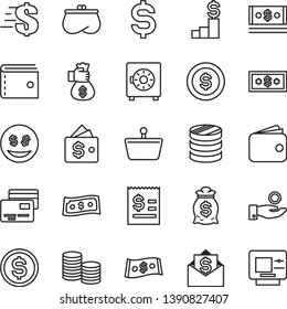 thin line vector icon set - purse vector, dollar, strongbox, cards, shopping basket, coins, column of, denomination the, article on, catch a coin, wallet, cash, money bag hand, pedestal, eyes, mail