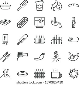 thin line vector icon set - electronic thermometer vector e, mercury, temperature, radiator, boiler, sausage, loaf, Hot Dog, noodles, pie, porridge, chop, barbecue, chili, cup of tea, coffe to go
