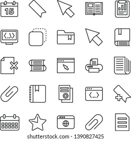 thin line vector icon set - clip vector, add bookmark, folder, e, books, calendar, star, book, notebook, delete page, copy, statistical report, scientific publication, newspaper, printer, browser