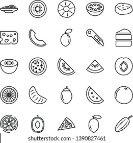 thin line vector icon set - stationery knife vector, piece of cheese, pizza, slices onion, cake, meat, orange slice, plum, melon, water, delicious, tangerine, lemon, kiwi, half, tamarillo, sour lime
