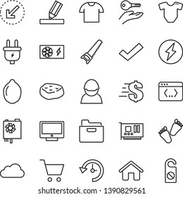 thin line vector icon set - check mark vector, dollar, t short, children's tracks, house, hand saw, drawing, left bottom arrow, screen, folder, shirt, piece of meat, lime, plug, racer, card, coding