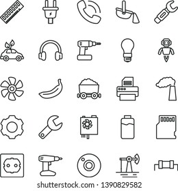 thin line vector icon set - camera vector, repair key, cordless drill, power socket type f, banana, marine propeller, charge level, working oil derrick, manufacture, light bulb, electric plug, steel