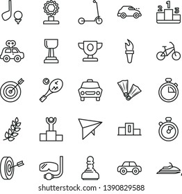 thin line vector icon set - stopwatch vector, motor vehicle, present, child Kick scooter, car, pedestal, retro, flame torch, laurel branch, winner podium, prize, cup, gold, pawn, target, purpose