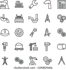 thin line vector icon set - repair key vector, tower crane, gears, adjustable wrench, sewerage, construction helmet, gear, manufacture, factory, hydroelectric station, power line, industrial, pipe