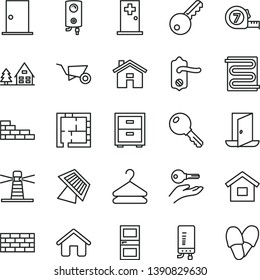 thin line vector icon set - house vector, bedside table, dwelling, brickwork, brick wall, building trolley, long meashuring tape, laying out, door knob, ntrance, interroom, heating coil, boiler, key