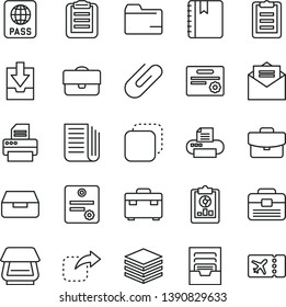 thin line vector icon set - folder vector, archive, download data, portfolio, suitcase, received letter, notebook, passport, pile, drawer, clip, copy, move right, statistical overview, newspaper