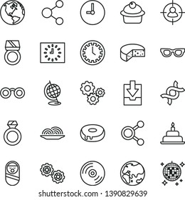 thin line vector icon set - clock face vector, download archive data, roly poly doll, birthday cake, gears, wall, CD, cheese, onion, muffin, with a hole, planet, connection, connections, black, dna