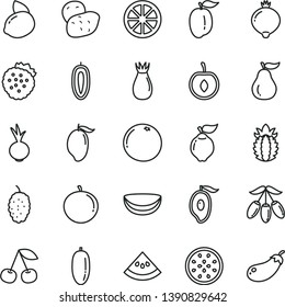 thin line vector icon set - beet vector, strawberries, cherry, quince, rose hip, medlar, mulberry, mango, half of, goji berry, date fruit, tangerine, ripe plum, sweet, yellow lemon, juicy, passion