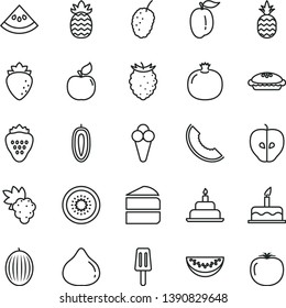 thin line vector icon set - cake vector, birthday, piece of, pie, popsicle, cone, strawberry, a pineapple, pomegranate, grape, apricot, tasty apple, raspberry, fig, mulberry, melon, slice, water