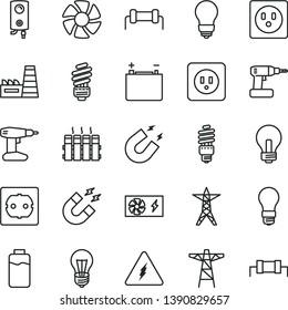thin line vector icon set - incandescent lamp vector, cordless drill, saving light bulb, power socket type b, f, radiator, boiler, charge level, accumulator, line, pole, thermal plant, energy, fan