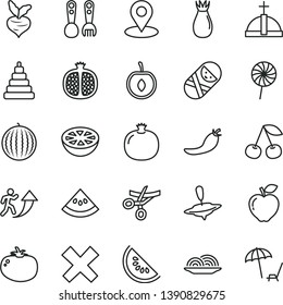 thin line vector icon set - cross vector, stacking toy, tumbler, plastic fork spoons, small yule, onion, tomato, lollipop, cherry, pomegranate, half, red apple, rose hip, water melon, slice of, beet