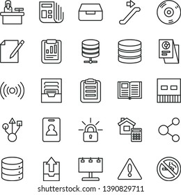 thin line vector icon set - warning vector, archive, upload data, estimate, book, big, server, drawer, notes, billboard with illumination, connection, statistical report, research, morning paper, cd