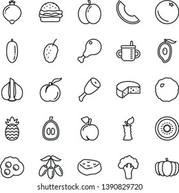 thin line vector icon set - mug for feeding vector, cheese, burger, chicken leg, thigh, cabbage, piece of meat, omelette, orange, peach, ripe, apple, medlar, tasty mulberry, slice melon, half mango