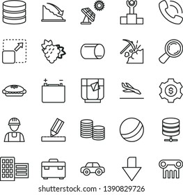 thin line vector icon set - downward direction vector, bath ball, motor vehicle, builder, suitcase, city block, drawing, big data server, expand picture, pie, a glass of tea, branch grape, pipe