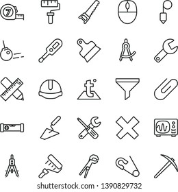 thin line vector icon set - paint roller vector, repair key, cross, open pin, electronic thermometer e, trowel, small tools, adjustable wrench, hand saw, long meashuring tape, construction level