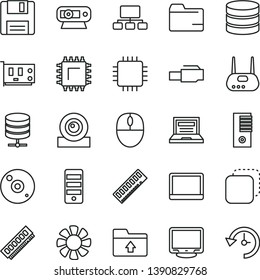 thin line vector icon set - laptop vector, folder, upload, big data server, copy, smd, scheme, notebook pc, fan, mouse, tower, cpu, memory, card, monitor, web camera, router, cd, floppy, history