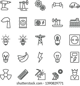 thin line vector icon set - matte light bulb vector, drill, lightning, dangers, bananas, big solar panel, oil derrick, working, coal mining, manufacture, hydroelectricity, power pole, socket, gears