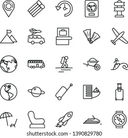 thin line vector icon set - Baby chair vector, garden trolley, planet, Earth, location, space rocket, history, mountain flag, plane, bus, backpacker, rolling suitcase, baggage scanner, passport