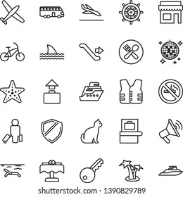 thin line vector icon set - plane vector, bus, bike, escalator, passenger, baggage scanner, arrival, beach, palm tree, disco ball, cafe, restaurant, starfish, pets, key, shield, store, loudspeaker