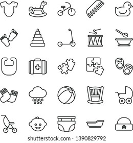 thin line vector icon set - cradle vector, nappy, bib, t short, baby stroller, summer, duckling, bath ball, comb, cloud, stacking toy, warm socks, medical bag, plates and spoons, children's hairdo