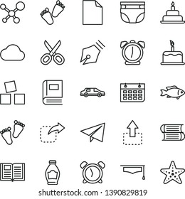 thin line vector icon set - scissors vector, alarm clock, paper airplane, clean sheet of, nappy, footprints, children's tracks, cubes for children, birthday cake, books, book, move up, right, fish