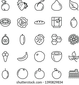 thin line vector icon set - loaf vector, cabbage, a glass of tea, cone, strawberries, honeycombs, peach, ripe, pomegranate, branch grape, squash, fig, date fruit, half loquat, passion, banana, leaf