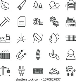 thin line vector icon set - concrete mixer vector, hand saw, long meashuring tape, hammer, leaf, electric plug, trees, forest, thermal power plant, industrial factory, racer, drop, autopilot, magnet